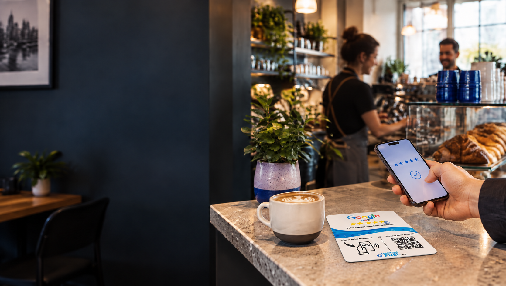 Client utilisant son téléphone près d’un pad d’avis Google dans un café